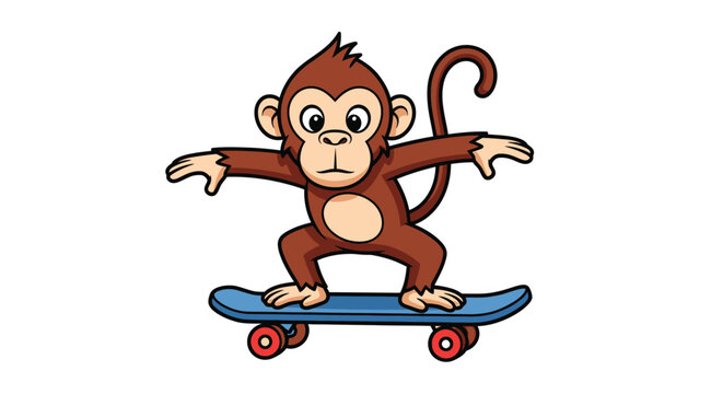 Cute Monkey Riding a Blue Skateboard Cartoon Illustration