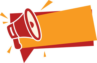 A red megaphone announcing information on an orange banner with red accents.