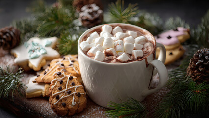 Fototapeta premium A Cup Of Hot Chocolate With Marshmallows And Cookies On The Table Next To It