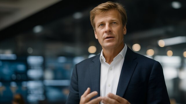 A CEO standing at the head of a glass-walled conference room, presenting a bold strategic vision on a massive digital screen as the executive team listens intently — corporate leadership,