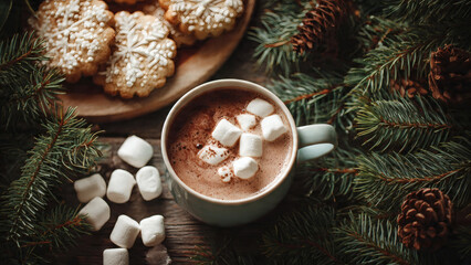 A Cup Of Hot Chocolate With Marshmallows And Cookies On A Wooden Table Next To Pine Branches