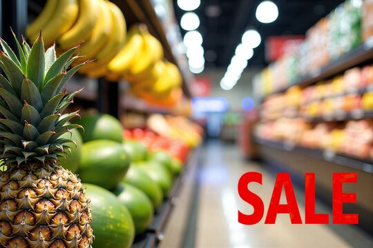 Fresh pineapples and bananas on store shelf, bold "Sale" text. Bright lights, colorful produce, shopping aisle vibe.