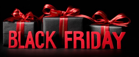 Black Friday is here with vibrant red decorations and black gift boxes. The scene captures the excitement of shopping and holiday spirit, inviting customers to enjoy special deals