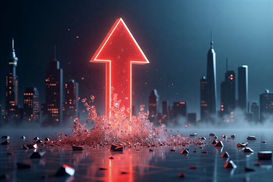 Red downward arrow crashes through city skyline, symbolizing financial decline amidst dark urban backdrop.