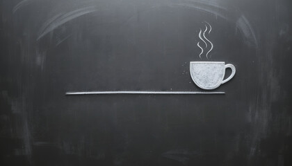 Minimalist chalk drawing of a steaming coffee cup on a simple shelf against a dark blackboard