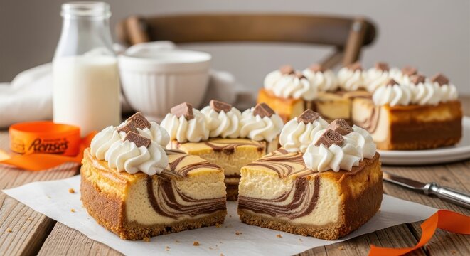 Peanut butter cheesecake A decadent marbled cheesecake, freshly cut and adorned with whipped cream and chocolate pieces, served with a glass of milk.