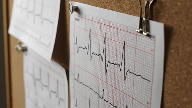 Detailed view of EKG readings pinned on a cork bulletin board. The black waveforms on the red-gridded paper emphasize cardiac analysis and medical diagnosis.