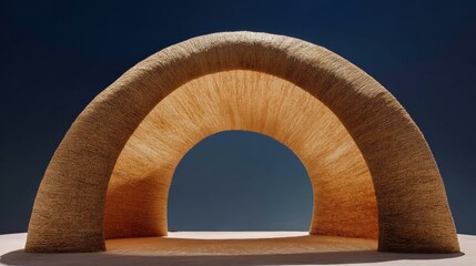 Photograph of an arched structure made of woven straw. the structure is made up of multiple layers of straw, arranged in a curved arch-like shape.