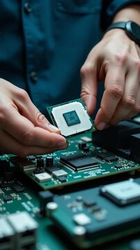A person works on a computer chip in a lab setting