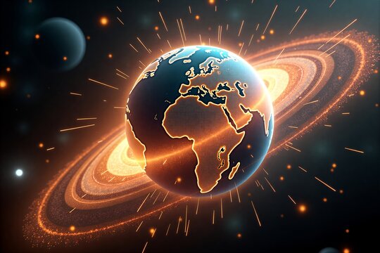 Futuristic Earth glowing with digital circuits, orbiting golden rings in cosmic space. Stars twinkle around vibrant blue planet.