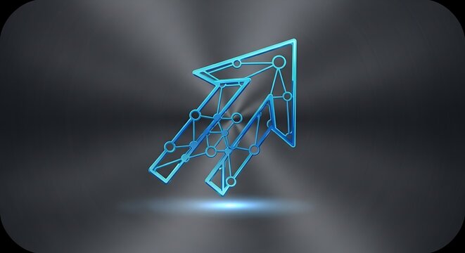 Futuristic Upward Arrow Icon with Connected Nodes and Blue Neon Glow on a Dark Brushed Metal Background: Progress, Network, and Technology Development