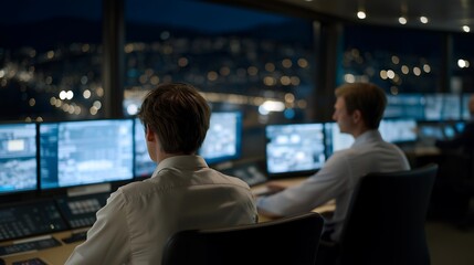 A dimly lit 24/7 operations control room glowing with blue LED screens as night-shift analysts monitor real-time system alerts — nonstop workflow, continuous monitoring, and high-stakes digital