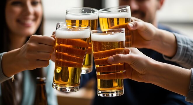 People toasting with beer glasses filled with golden lager, showing joy and friendship.
