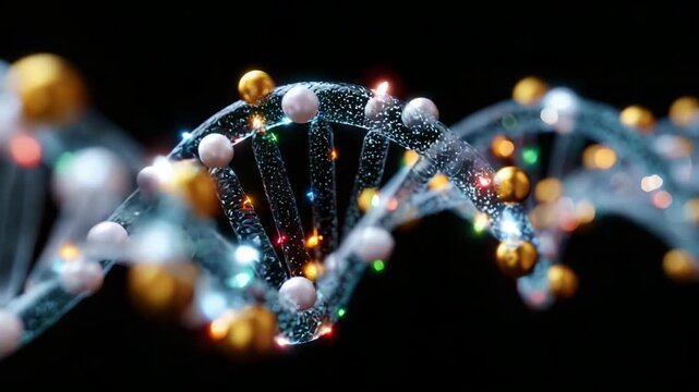 A Stunning Visualization of the Double Helix Structure of DNA, Showcasing the Intricate Details of Nucleotide Components with Brilliant Lighting Effects in High Resolution Against a Dark Background.