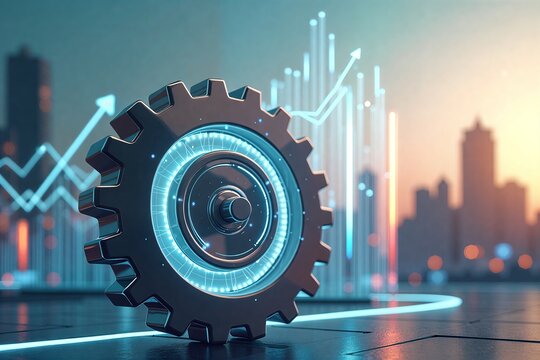 Glowing gear in futuristic cityscape, data charts rise behind it. Tech innovation meets urban growth under neon lights and sunrise hues. - Powered by Adobe