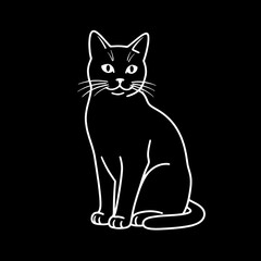 Obraz premium Cute cat illustration in black and white line art. This happy animal outline shows simple minimalist sitting feline design
