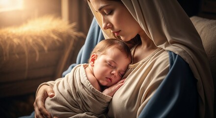 Mother holding sleeping baby in a serene setting with soft light. Virgin Mary with baby Jesus. Christmas, Madonna with baby 