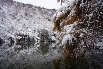 Soldier Lake. The branches of the trees are covered with the first snow. A lake in a mountainous area with a variety of vegetation. November.