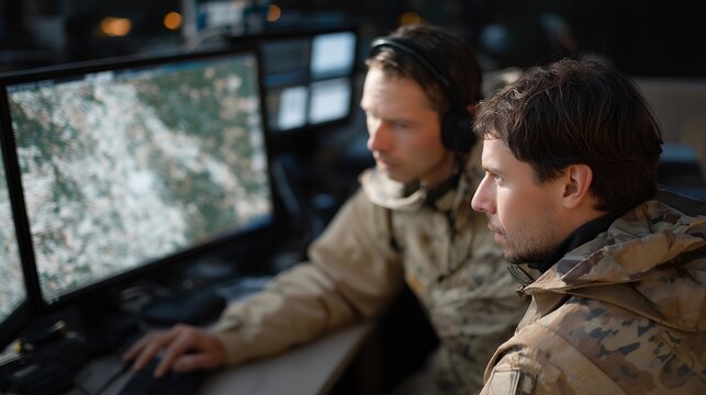 A joint operations intelligence cell combining satellite imagery, weather data, and unit positions into a unified dashboard as officers coordinate across multiple radio channels — multi-agency