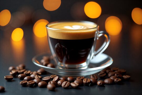 Warm espresso in clear cup, surrounded by coffee beans on dark surface, golden bokeh lights softly glowing behind.