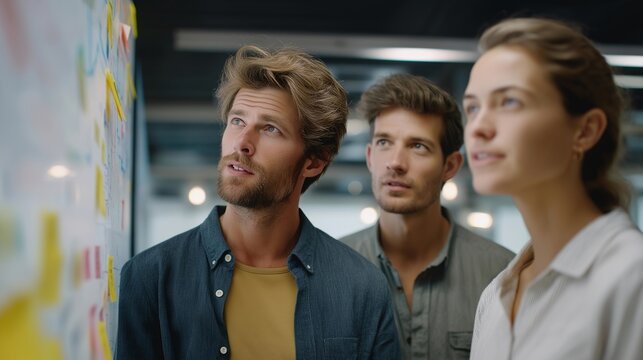 A creative team standing around a large digital whiteboard covered in color-coded sticky notes and flowcharts, discussing priorities and deadlines — a dynamic scene of agile workflow optimization,