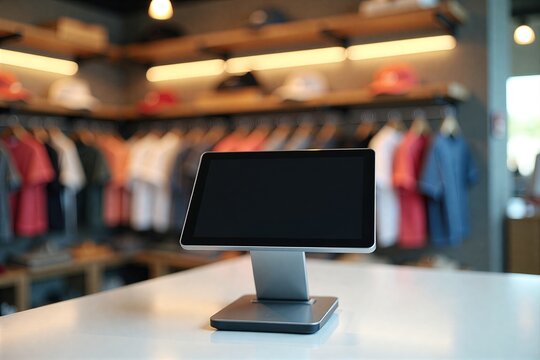 Modern tablet kiosk on retail counter, blurred clothing racks in background. Sleek tech meets fashion store ambiance.