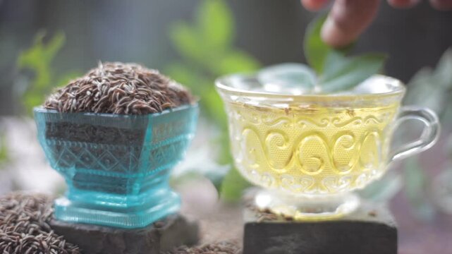 Black cumin seeds,shah jerra,Nigella sativa  and its extracted water in a transparent glass on brown wooden surface.