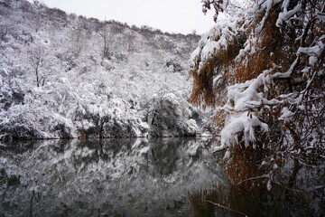 Soldier Lake. The branches of the trees are covered with the first snow. A lake in a mountainous area with a variety of vegetation. November.
