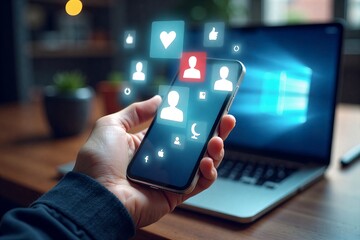 Hand holds smartphone displaying social media icons, laptop in background. Digital connection and online interaction depicted.