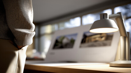 Architect at a bright modern desk studies blueprints and design concepts under a sleek desk lamp, reviewing building plans and development projects in a contemporary workspace