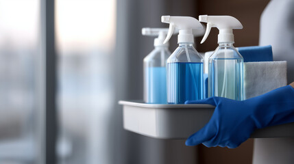 Hand in a blue protective glove carrying a white tray of cleaning supplies, spray bottles with blue disinfectant, sponges and microfiber cloths ready for sanitizing tasks