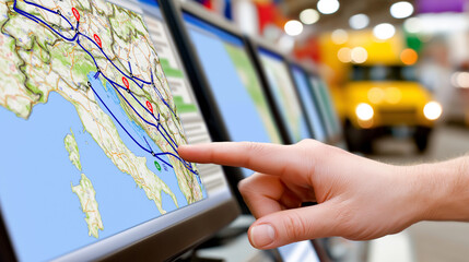 Hand interacting with a digital map display, tracing a delivery route on gps software to illustrate modern logistics, fleet management and optimized global supply chain planning