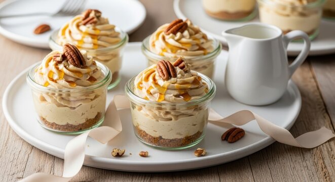 Peanut butter cheesecake four individual caramel pecan cheesecakes in glass jars, artfully arranged on a white plate with ribbons and pecans, presented on a rustic wooden surface
