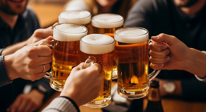 Group of friends joyfully toasting frothy mugs of golden beer together inside pub.