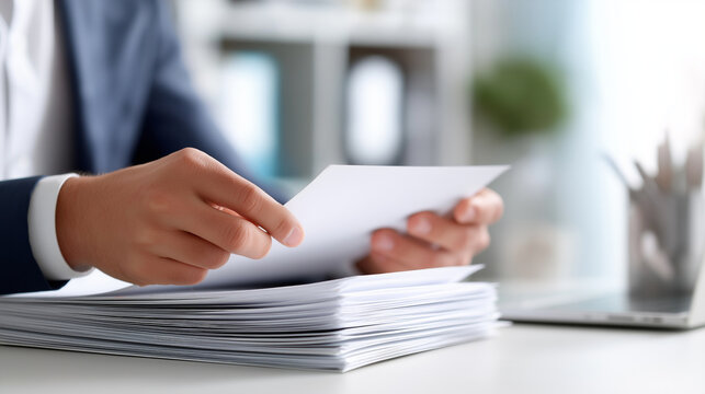 Hands of a professional businessman managing a large pile of paperwork and documents, reviewing reports, contracts, or financial statements in an office setting