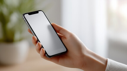 Hand holding modern frameless smartphone with blank white screen, using mobile technology and application for communication, business, and digital content display