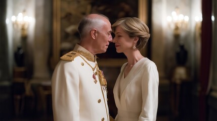 An ambassador presenting their diplomatic credentials to a head of state inside a historic government hall, the moment captured with formal decor and ceremonial significance — tradition-rich