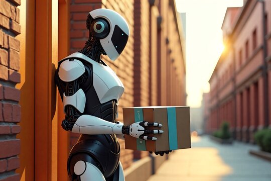 White robot courier delivers package down brick alleyway, glowing eye active under soft sunset light.