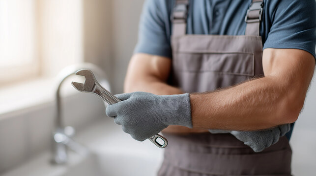 Professional plumber wearing work uniform and protective gloves, holding an adjustable wrench, ready for home renovation and maintenance service - Powered by Adobe