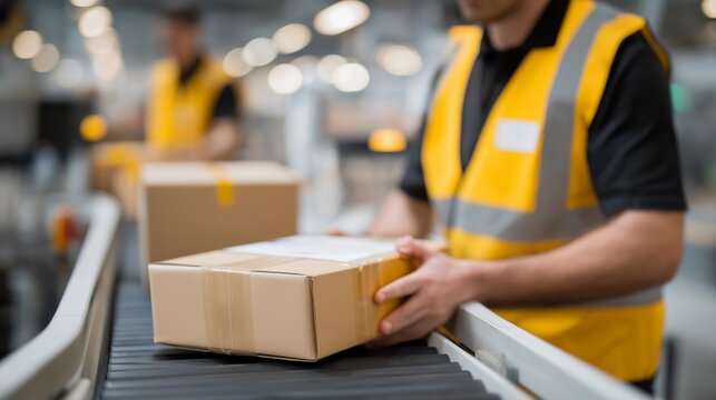 A behind-the-scenes peek inside a busy logistics warehouse where workers scan packages, conveyor belts hum, and supervisors track shipments on digital dashboards — supply chain operations, modern - Powered by Adobe