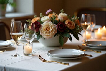 Elegant dinner table set with flowers, wine glasses, candles, and gold forks under soft lighting. Romantic ambiance captured in still life.