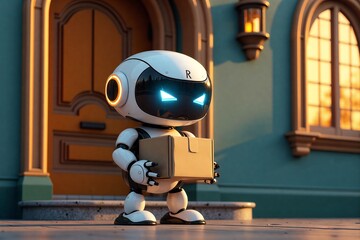 Robot courier delivers package at cozy home entrance, glowing eyes and warm lighting create futuristic yet welcoming scene.