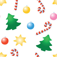 Vector seamless pattern of color festive symbols: figures of Christmas trees, candy canes, stars, xmas balls, decorations. Bright texture for Merry Christmas, Happy New Year
