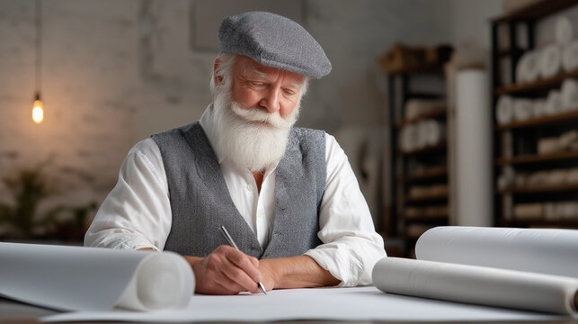 Experienced architect or designer in a workshop drawing new plans, creating blueprints with precision and expertise, focusing on development and planning