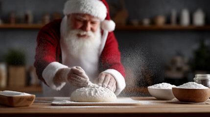 Santa claus preparing christmas dough in a festive kitchen, his hands covered in flour while baking holiday treats and traditional festive bread
