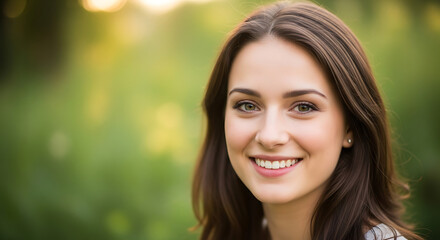 Obraz premium Joyful young woman with a warm smile, bathed in soft sunlight outdoors.