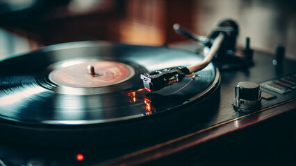 A Close Up Of A Record Player Playing On A Turntable In A Dark Room With A Blurry Background