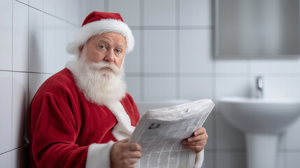 Santa claus taking a private break and indulging in some quiet reading time in a modern bathroom. Sitting and holding a newspaper
