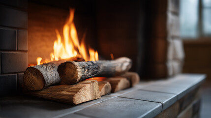 Fireplace with burning logs providing warmth and a cozy atmosphere during the winter season, displaying comfort and relaxation indoors