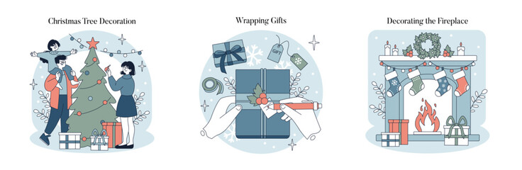 Christmas Activities Vector Illustration Set with Festive Elements